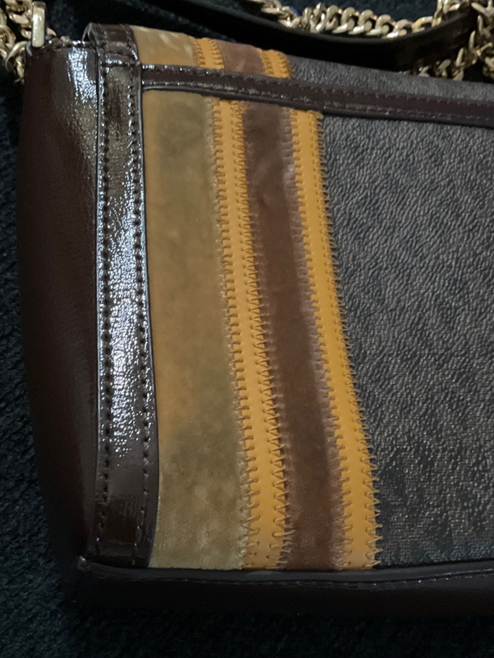 Michael Kors Brown and Mustard Striped Shoulder Bag with Gold Adjustable Chain - Picture 6 of 16